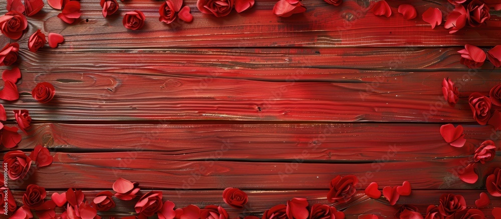 Aufkleber A background of red wood is adorned with a frame of petals and plastic hearts to leave space for adding an image. copy space available