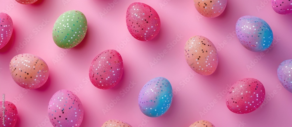 Poster seamless easter pattern featuring glittery colored eggs on a pink backdrop with copy space image