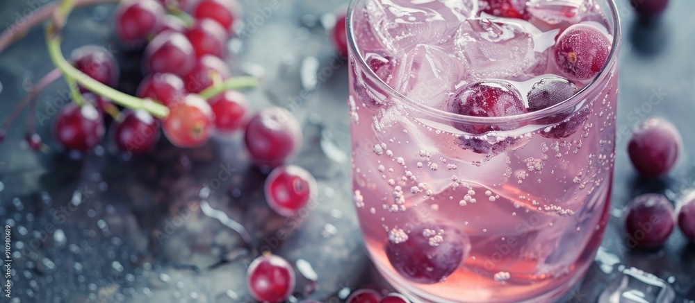Aufkleber Gooseberry summer drink with berries and ice cubes on a table featuring a close up view and copy space image