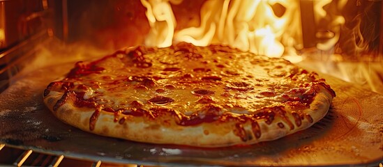 Baking cheese pizza in a fiery oven to achieve a crispy crust and melted cheese with copy space image