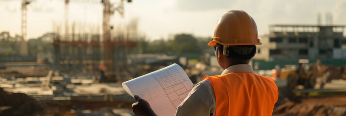 A construction worker surveys a building site, holding and consulting plans, ensuring the project aligns with specifications and safety protocols.