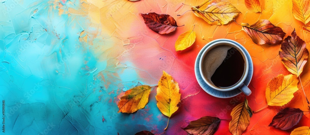 Poster Autumn leaves surrounding a cup of coffee on a colorful background with a vast copy space image