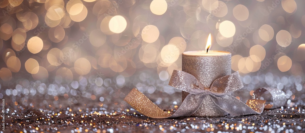 Aufkleber a silver candle for christmas and new year with a curly ribbon bow decoration placed on a glittering