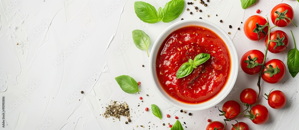Poster top view of a white background with a bowl of tomato sauce cherry tomatoes and fresh green basil nea