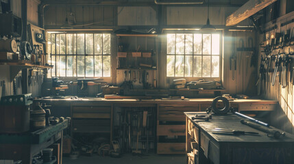 A warmly lit, rustic workshop filled with tools and wooden workbenches, exuding a nostalgic and inviting ambiance.