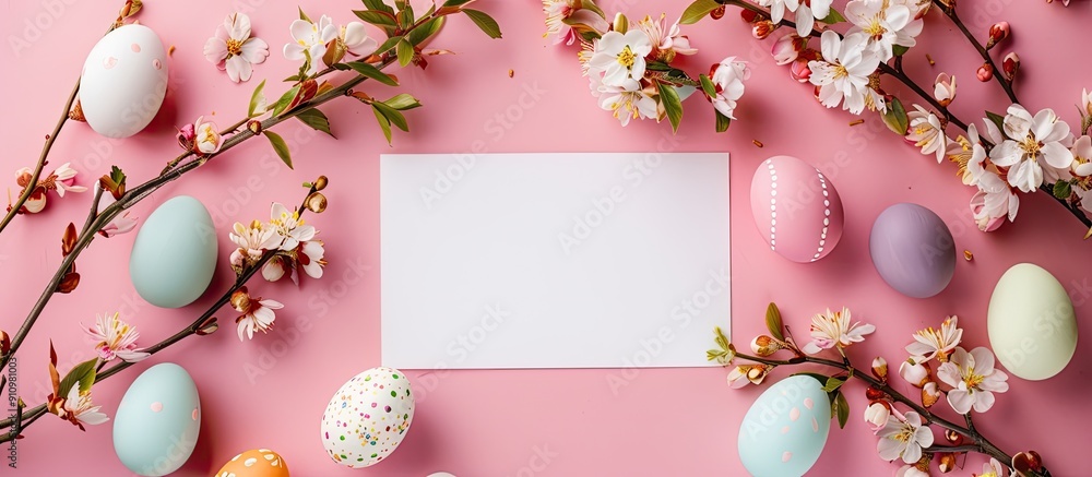 Aufkleber easter themed arrangement with a blank card colorful eggs and blooming flowers on a soft pink backdr