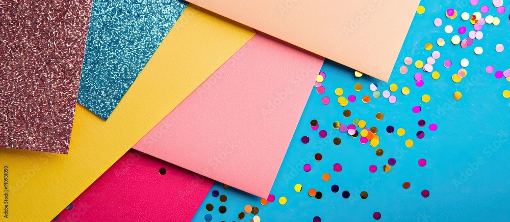 Poster Top view of a minimalistic design with glitter card and copy space image on a colored background ideal for holiday Instagram flatlay