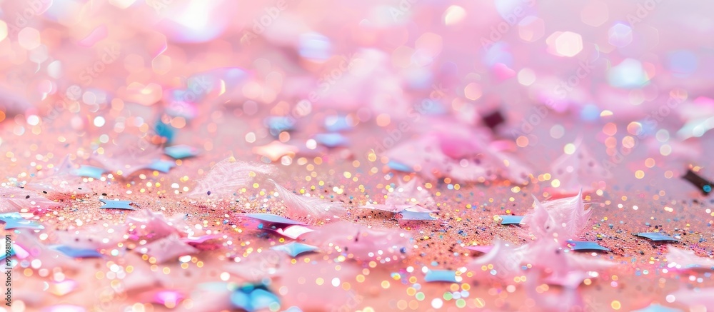 Aufkleber close up view of holographic shiny confetti on a delicate pink pastel background with copy space ima