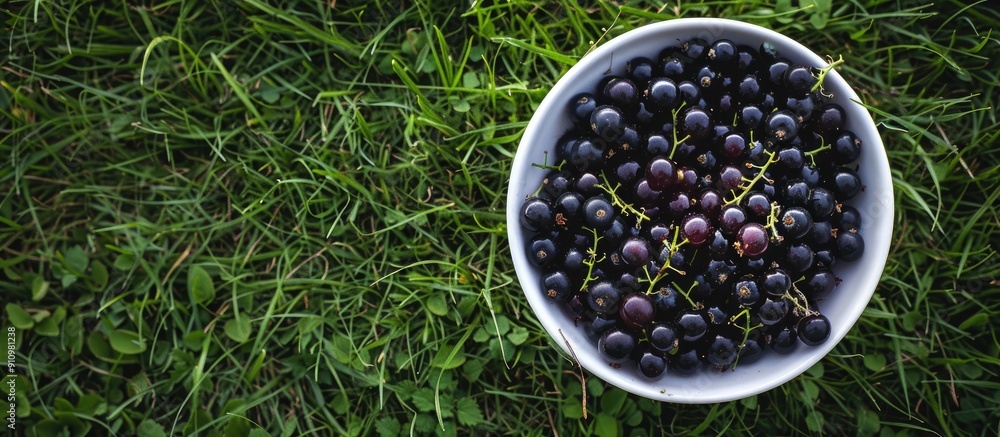 Poster a bowl of ripe blackcurrants placed on green grass with a copy space image