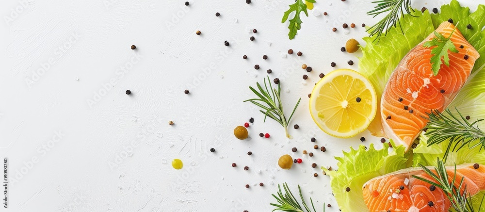 Poster salmon slice with lettuce peppercorn lemon and rosemary on white background with space for copying t