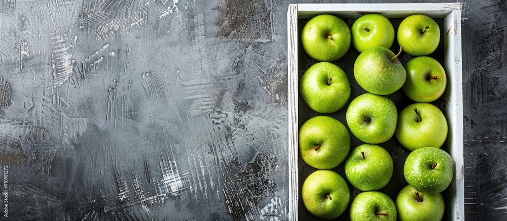 Poster Fresh green apples arranged in a white wooden box on a rustic gray table with copy space image available