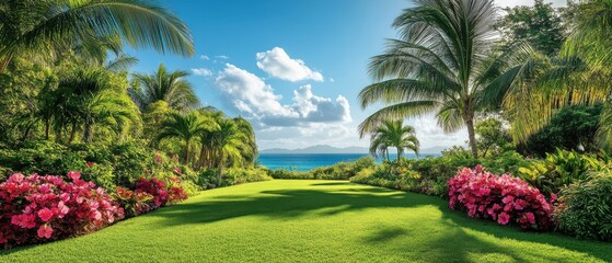 A lush tropical garden with colorful hibiscus flowers and palm trees 