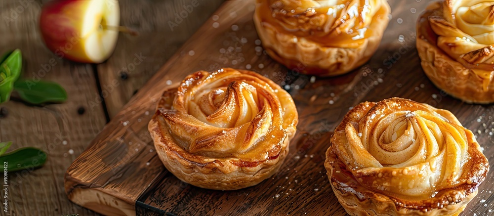 Poster Mini apple rose pies on a wooden board with a high angle view creating a visually appealing copy space image