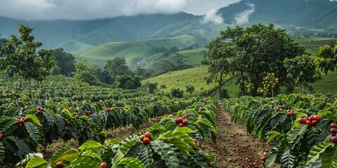 Lush green coffee plantation with ripe red berries and scenic hi