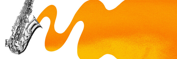 Banner. Contemporary art collage. Sleek saxophone with beer-wave flowing from it, as sound,...