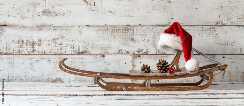 Poster Sled with Santa Claus hat on white rustic backdrop featuring copy space image