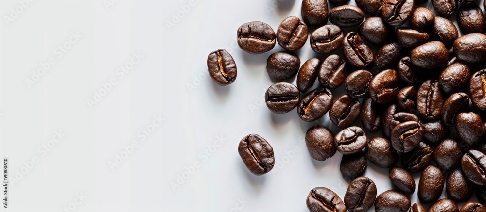 Poster coffee beans displayed elegantly on a white backdrop providing a perfect copy space image