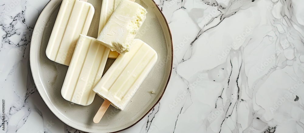 Poster Top view of a plate with lime yogurt popsicles displaying against a marble background with copy space image is available