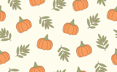 Funny Halloween seamless pattern in trendy groovy retro 70s style.  Cute Pumpkins, Autumn Leaves. Retro y2k style. Fun pumpkin cartoon character. Vector illustration.