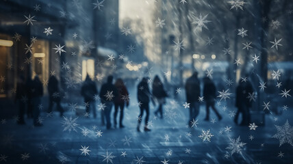 Obraz premium winter blurred background, snowflakes, people crowd, pedestrian street in snowfall, abstract Christmas backdrop