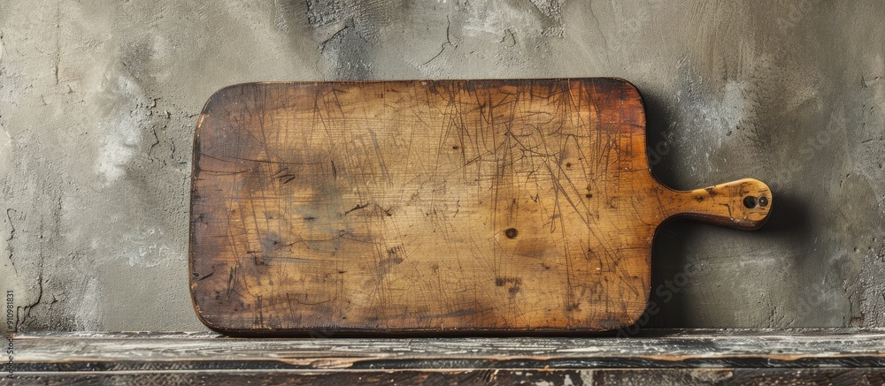 Aufkleber a weathered cutting board displayed against a neutral concrete backdrop with space available for tex