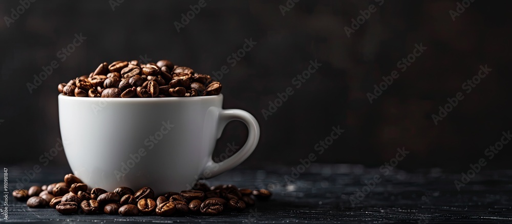 Poster a close up image showcases a cup filled with fresh coffee beans against a black background featuring