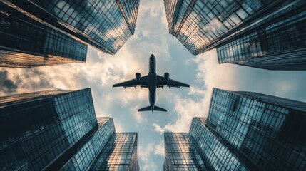 Airplane flying between high-rise glass buildings. Skyscrapper, Building, Corporate, Business background.