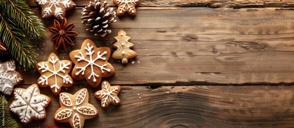 Poster Christmas cookies displayed on a wooden table with a blank space for text or images suitable for a copy space image