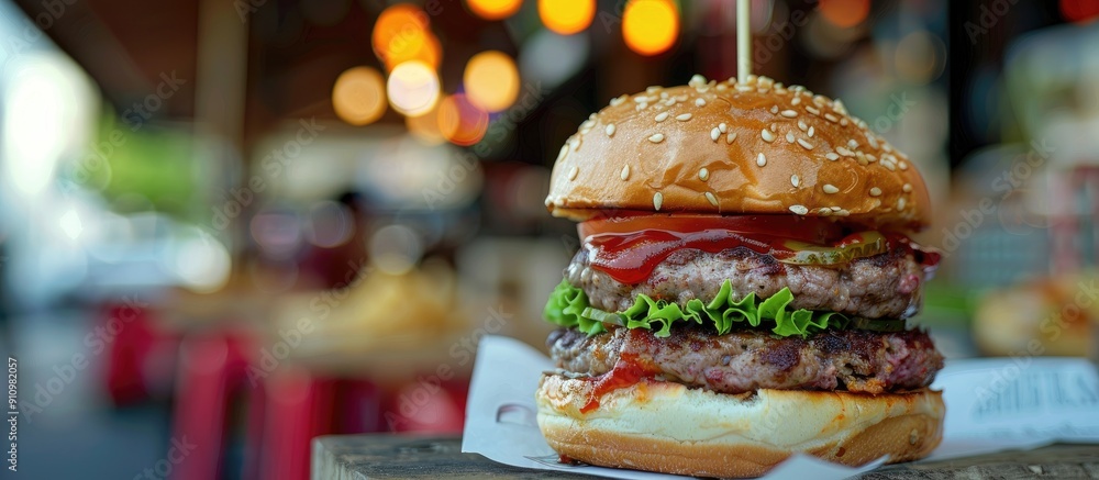Poster Display a Turkish wet burger with sauce in a kiosk for a copy space image