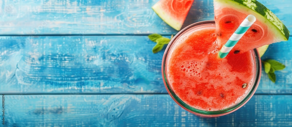 Aufkleber stay refreshed in summer with a cooling watermelon juice smoothie on a blue wooden backdrop perfect 