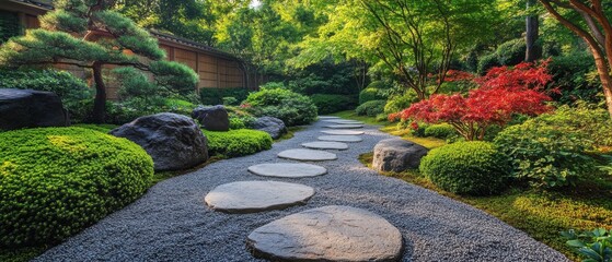 A peaceful Japanese garden with a stone pathway surrounded by vibrant plants and trees 