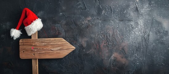 Wooden road sign with Santa hat on black backdrop creating a festive atmosphere with copy space image