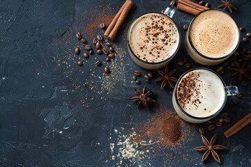Top view of coffee with spices on dark surface.