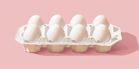 White eggs in a carton on a pink background.