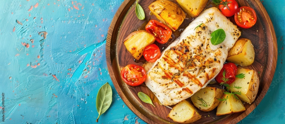 Poster top view of a wooden plate serving baked halibut with roasted tomato and potato on a blue background