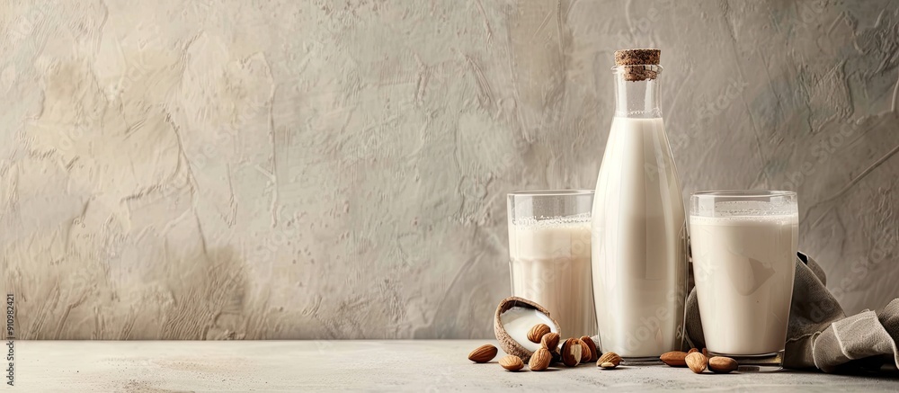 Poster there is a bottle and glass of delicious almond milk on the table with copy space image