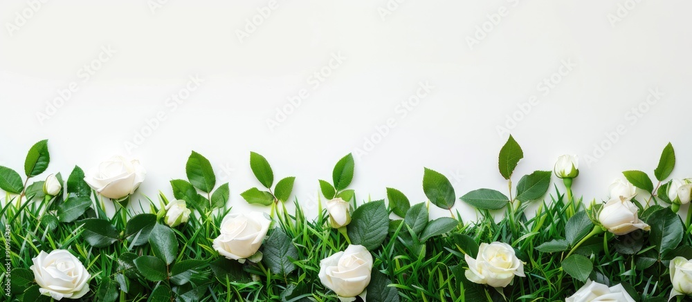 Poster top view of spring white roses on green grass set against a white background with room for text idea