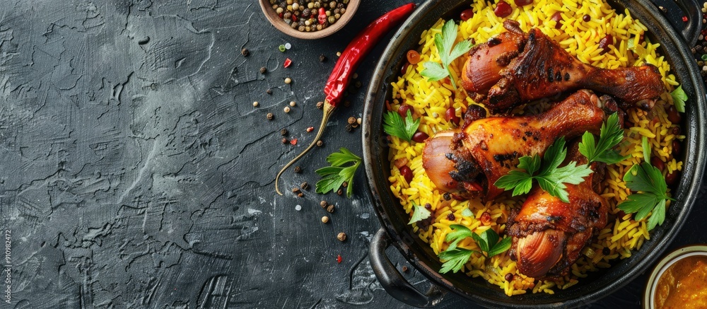 Poster delicious rice curry accompanied by spicy chicken drumsticks in a tantalizing dish with a rustic tou