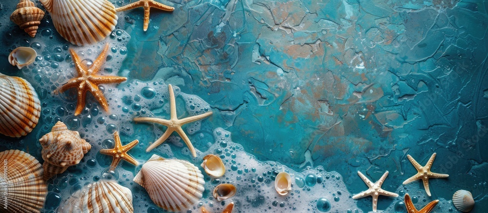 Aufkleber Top view of a sea themed design featuring shells and a designated area for text with copy space image