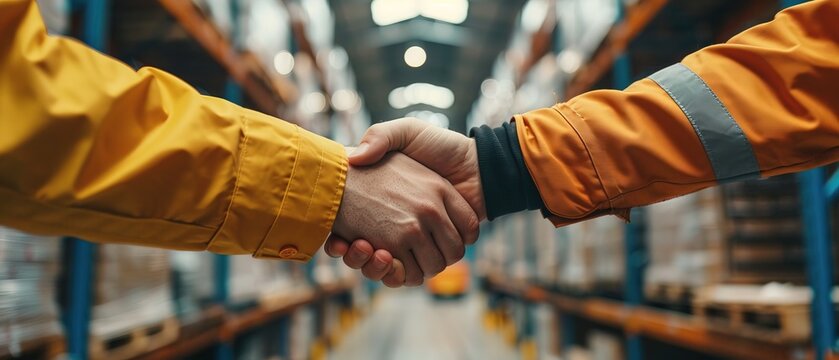 Close up hands of warehouse workers handshake