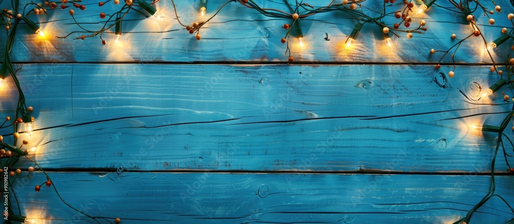 Poster top view of christmas garland lights on a blue wooden background with room for text in a copy space 