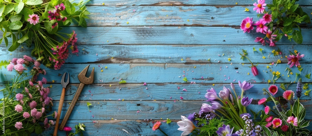 Poster spring gardening concept featuring a variety of tools and flowers set against a rustic old wooden ba