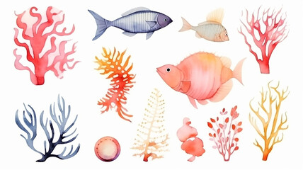 Obraz premium watercolor illustration collection underwater world of fish and corals isolated on a white background