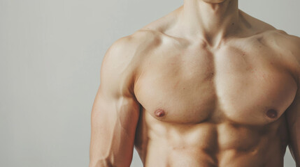 Close-up of a well-defined male torso showcasing pronounced muscles and fit physique, symbolizing strength, fitness, and physical health.