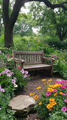 A peaceful garden bench surrounded by blooming flowers 