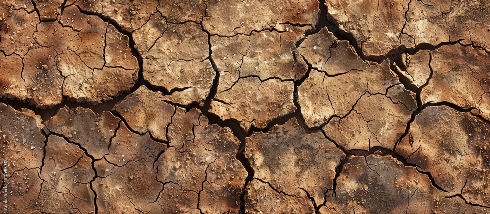 Aufkleber close up image showing cracked dry soil texture with a copy space image for background