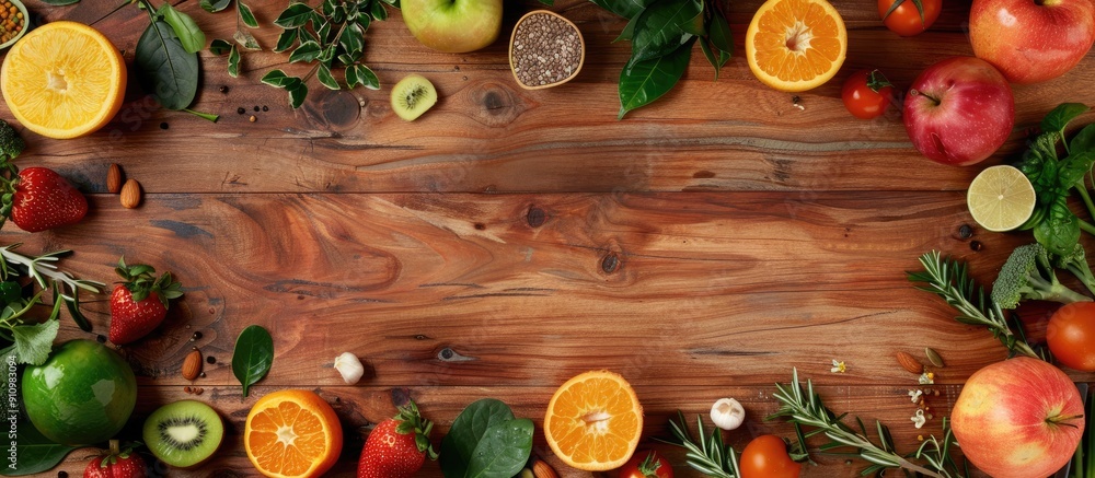 Aufkleber capturing the essence of clean eating this setup features organic fruits and veggies on a wooden bac