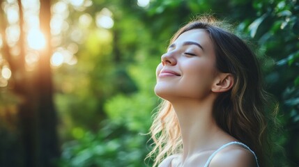 Relaxed happy beautiful young woman breathing fresh air deep with a green forest in natural.