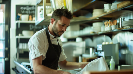 A focused chef meticulously prepares a dish in a warmly lit, organized kitchen, showcasing his dedication and passion for culinary arts.