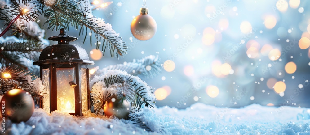 Aufkleber Snow covered fir tree branches and festive baubles surrounding a radiant Christmas lantern in a winter scene with copy space image